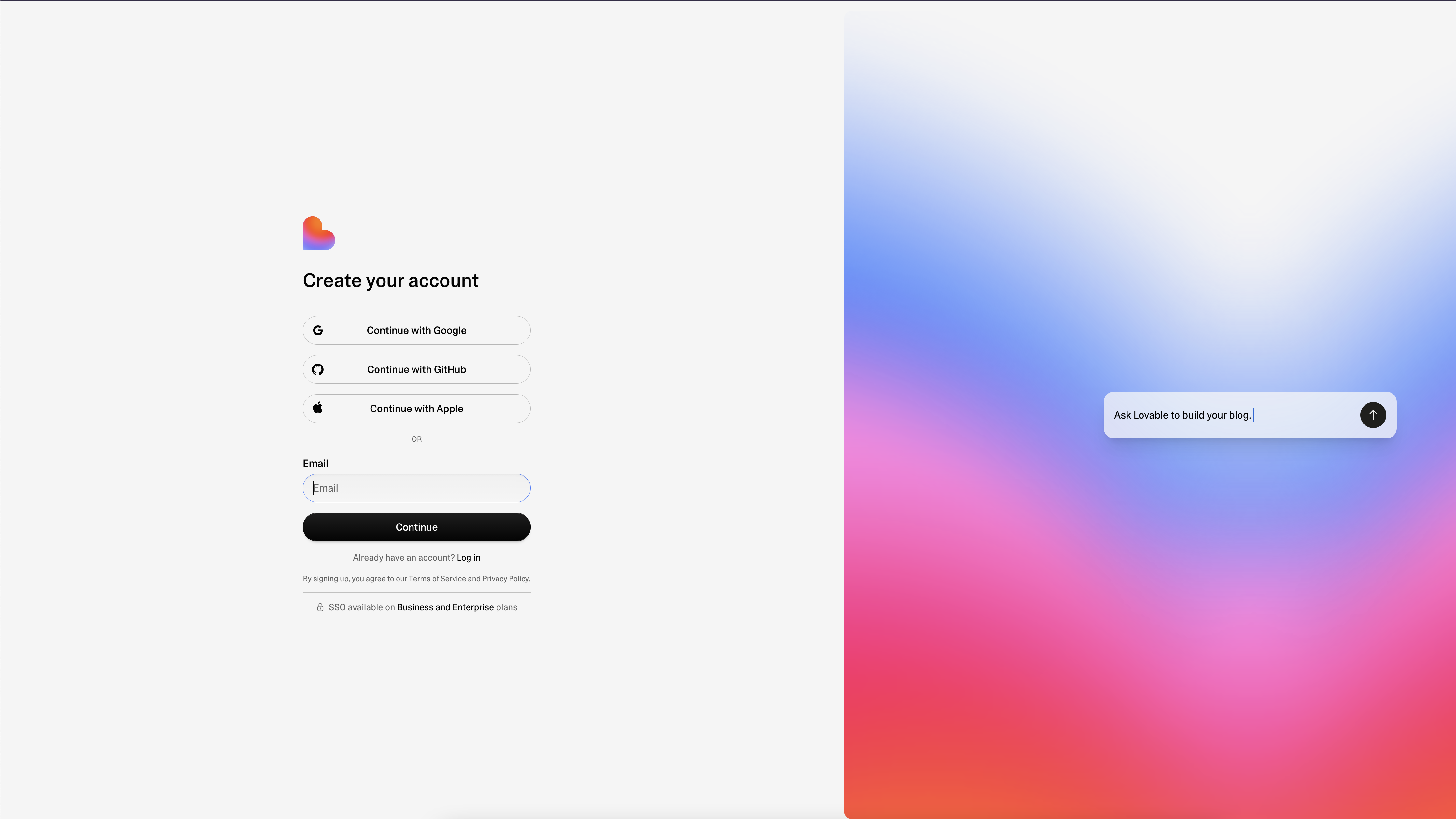 Sign-up options shown on Lovable